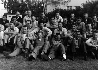 This shot features the first members of the 1945/46 Veterans’ Club, which quickly grew to become the largest and most influential club on campus. That year, the club sponsored two school dances, held stag parties at the Veterans’ Home, and made a trip to a Ken Murray stage variety show (“Blackouts of 1947”) at the El Capitan Theatre on Vine Street in Hollywood. Seated, left to right, in lower front are John Braun, Bob Phillips, Chris Lindley, Bob Miller, Bob Reid, and Randall Howe. Second, from left to right, are Bill Flynn, Chris Bell, Zeke Cummings, Kenny Sullivan, Norm Leander, Jim Kerwin, Wallace Mullins, and John LaRue. Third, left to right, are Bill Bryant, Chuck Hargrove, Russell Hess, Keith Annil, Bob Sturdivant, Frank Ausburn, and Jules Resegue. In back, left to right, are Walt Tamulinas, Jack Dotson, Jack Sills, Lloyd Kenagy, James Smith, and Dean Garner, adviser to the organization.