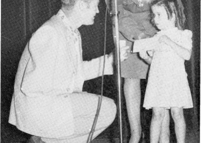 The Veterans’ Club sponsored an annual Christmas Party for underprivileged children of north Orange County. At a 1948 student assembly, the vets presented a check to 4½ year old Annette Louise Bloodstone, daughter of a Master Sergeant assigned to the El Toro Marine Base, to complete the sum needed for an operation that would restore her sight. Donations had been received for the little girl to pay for new corneas, and with only a few weeks before the operation, and still short $500, the vets heard of her plight and donated the necessary money