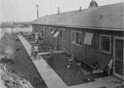 This 1946 photograph shows one of the housing units. Each unit was divided into three terraces on which were located one, two, and five room dwellings. There were eventually 51 veterans’ units on campus accommodating 125 veterans and their families (pets were also allowed). FJC was the first college in California to take advantage of the federal offer of free housing units. The low rent and proximity to the college at a time of critical housing shortages were greatly appreciated by veterans and their families.