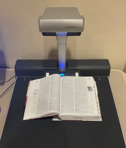 A book canner with a book ready to scan.